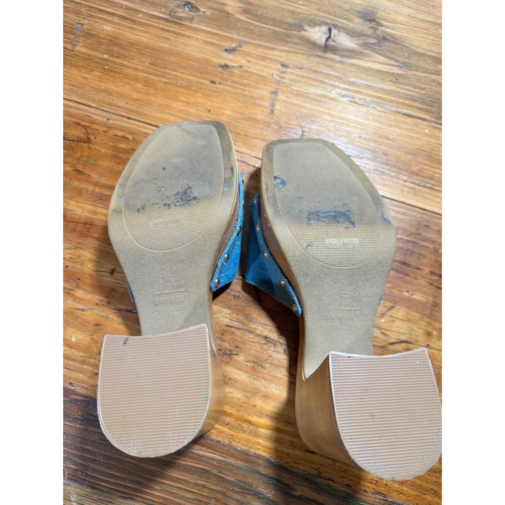 CHUNKY PLATFORM SANDAL Studded DENIM Clog Slide Size 6.5 Faux Wood Block Heel - Picture 8 of 9